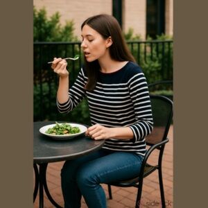 Nautica Navy and White Striped 3/4 Long Sleeve Boatneck Cotton Top Women Size L